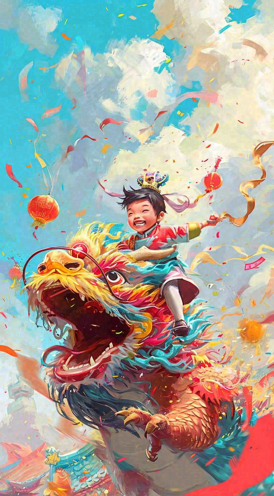 祥龙喜庆欢乐节日，蓝天白云儿童手绘插画