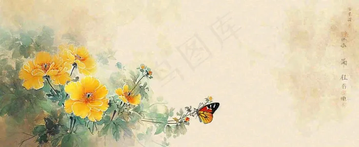 温馨纹理橙色花朵鲜花蝴蝶意境唯美，中国风(1712x704)