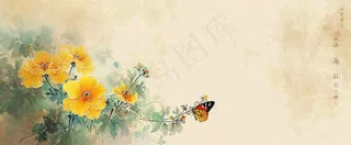 温馨纹理橙色花朵鲜花蝴蝶意境唯美，中国风