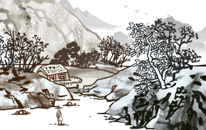 粗笔林间风景画PSD素材