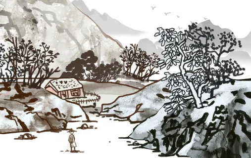 粗笔林间风景画PSD素材