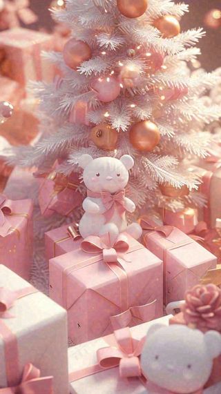 礼物粉色唯美C4D效果儿童小熊，圣诞树圣诞节