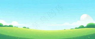 卡通手绘绿色草坡蓝天白云，春天，儿童节，春游，春分
