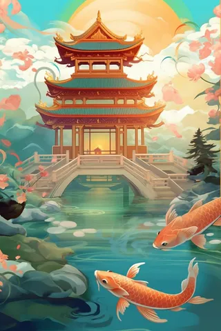 国潮夏天锦鲤唯美风景插画