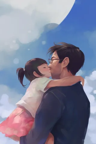 温馨父女拥抱蓝色创意背景