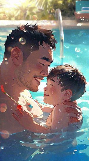 夏日泳池父爱父亲节家庭游泳，蓝天阳光，大暑小暑暑期