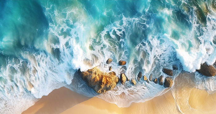 海岸边海浪为背景的海滩场景航拍摄影图(4560x2400)