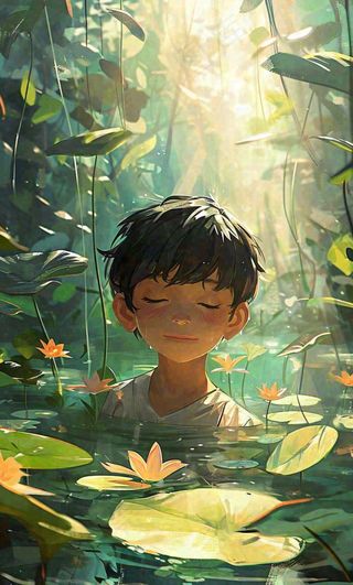 夏日温暖阳光墨绿荷花池荷叶，睡眠男孩