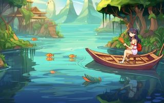 湖泊划船女孩山水风景背景