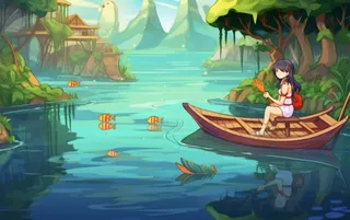 湖泊划船女孩山水风景背景