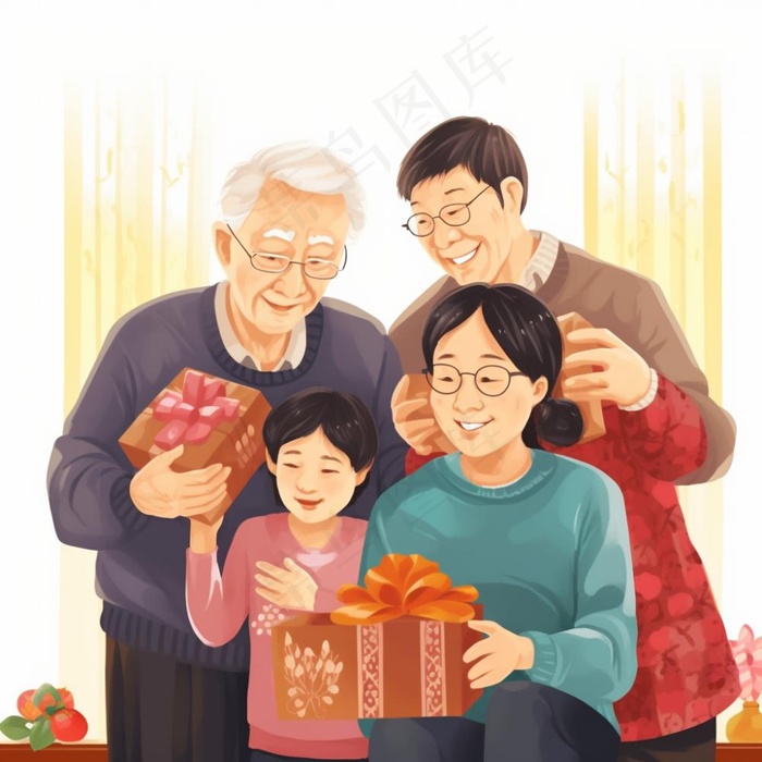 一家人家庭照礼物开心欢乐天伦之乐卡通插画素材背景