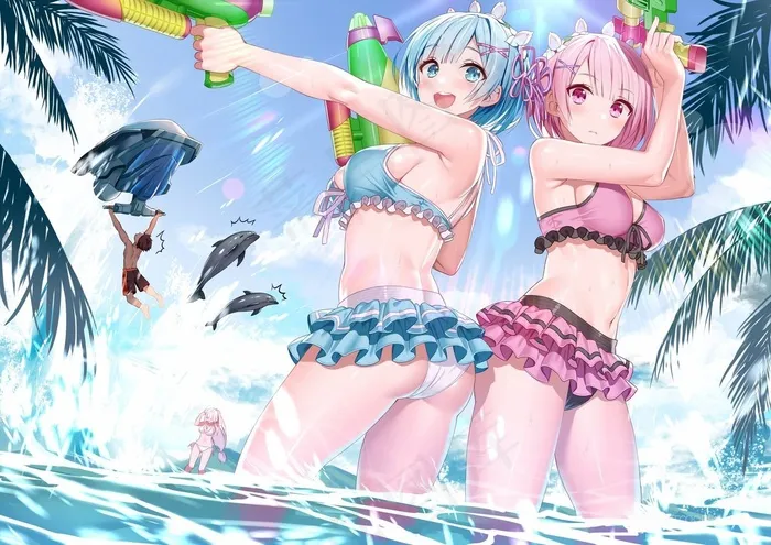 海边玩耍的性感女孩动漫图