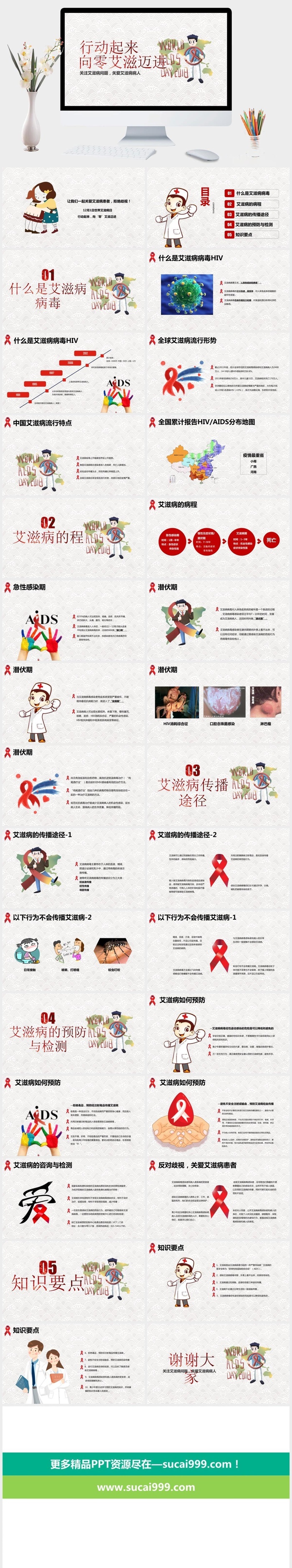 卡通预防艾滋病医疗健康PPT模板 