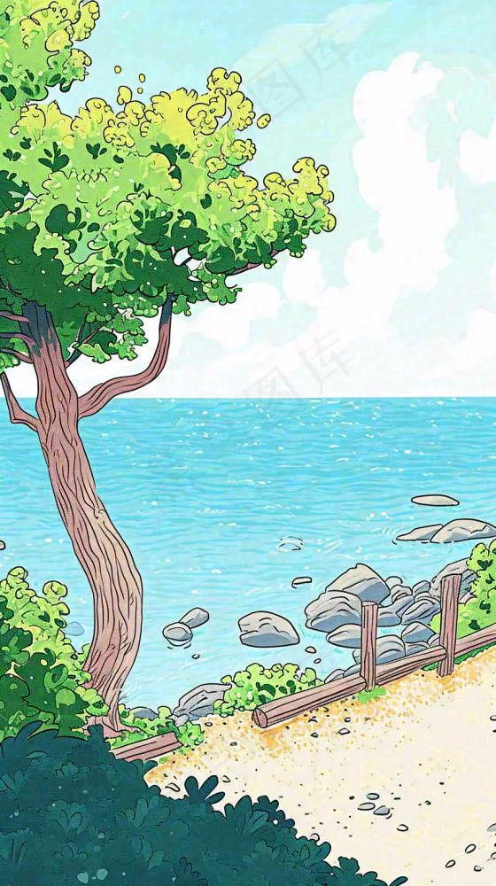 海边沙滩玩耍旅行夏日假期游玩手绘插画，可爱清新，夏至小暑大暑(816x1456)