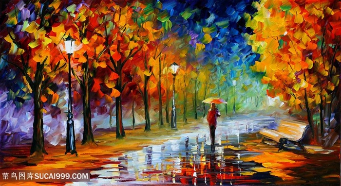 水彩树林道路油画美景插画装饰画