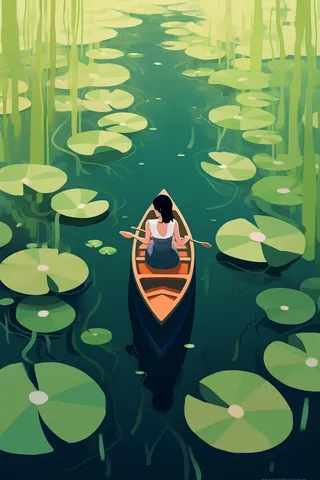 睡莲荷叶湖中划船的少年绿色卡通插画素材 