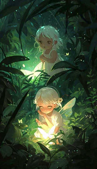 森林丛林夜晚女孩玩耍手绘插画，蝴蝶可爱