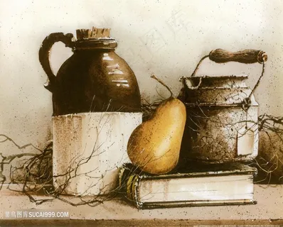 静物水果梨瓶子插画油画 静物水果梨瓶子插画油画