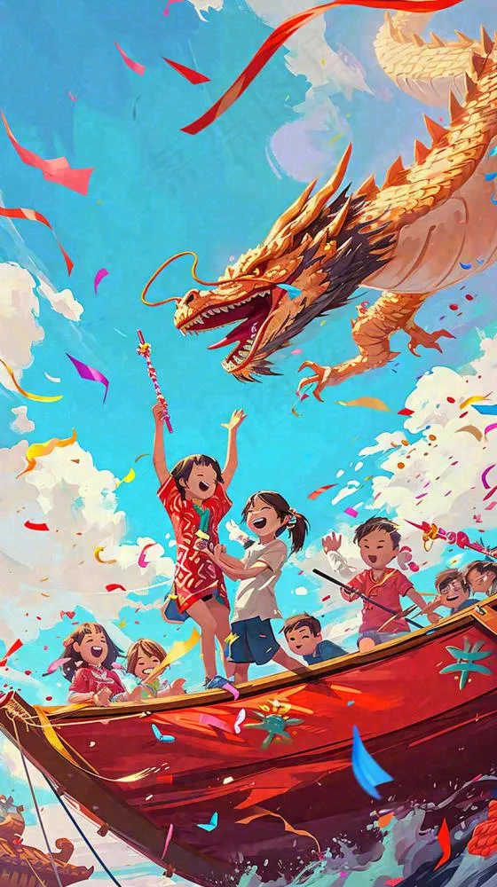 海面上龙船开船手绘插画，孩子人物，蓝天白云古风(816x1456)
