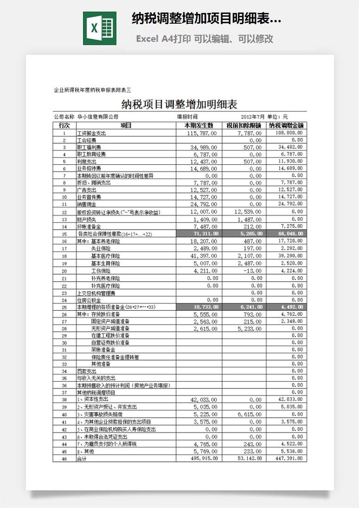 纳税调整增加项目明细excel模板