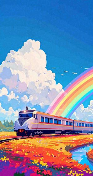 蓝天白云户外铁路草地彩虹手绘，色彩缤纷