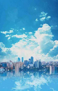 城市建筑倒影蓝天白云摄影图