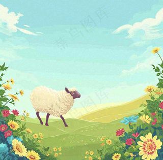 卡通手绘绿色春天草地鲜花花朵绵羊
