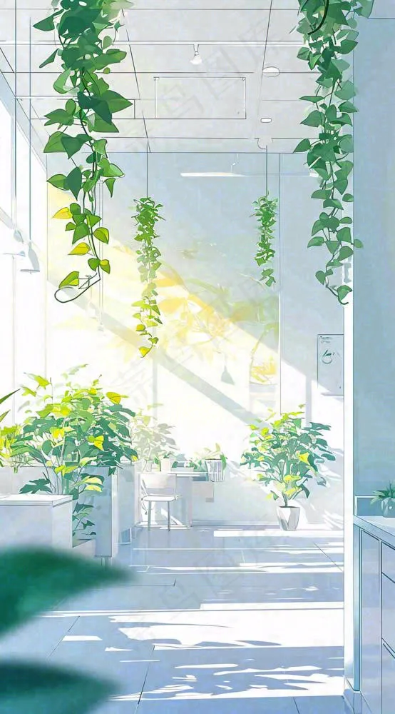 夏天明媚的阳光洒进办公室绿色的植物在办公室走廊上，线性插画手绘(816x1472)