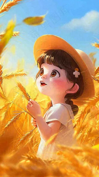 秋天温馨秋叶可爱少女插画，秋分小麦