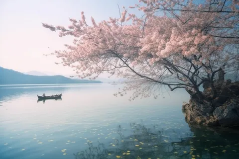 湖边的树开满了花朵，湖上有一艘船摄影图桌面壁纸