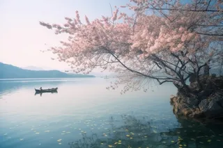 湖边的树开满了花朵，湖上有一艘船摄影图桌面壁纸