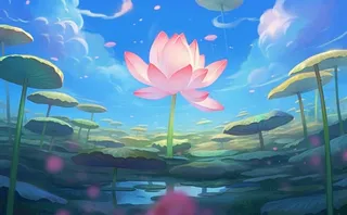 夏日荷花池塘天空插画背景