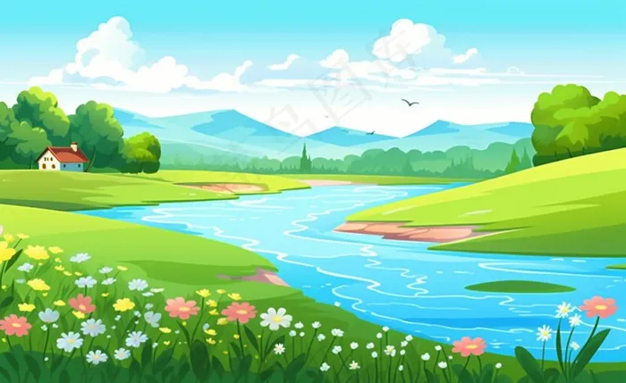 乡村村庄美丽风景河流插画农田插画背景(1408x864)
