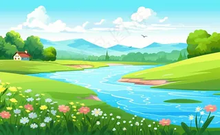 乡村村庄美丽风景河流插画农田插画背景