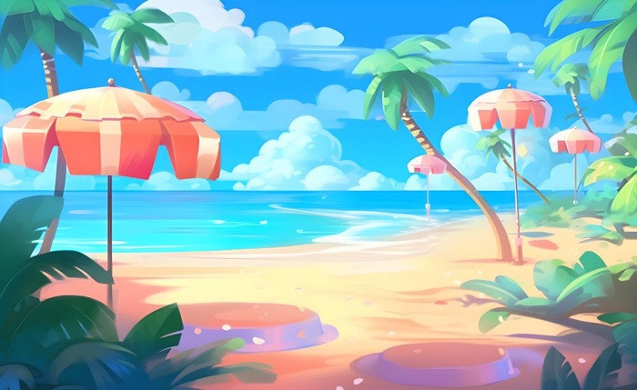 海边度假沙滩椰树冲浪天空插画背景(3600x2208)
