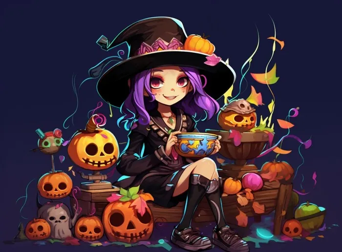 万圣节女巫鬼怪捣蛋南瓜灯恐怖紫色插画素材背景(1280x944)