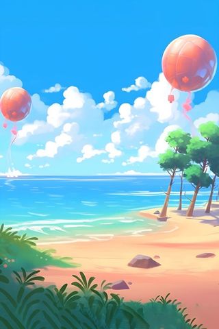 海边度假沙滩椰树冲浪天空插画背景