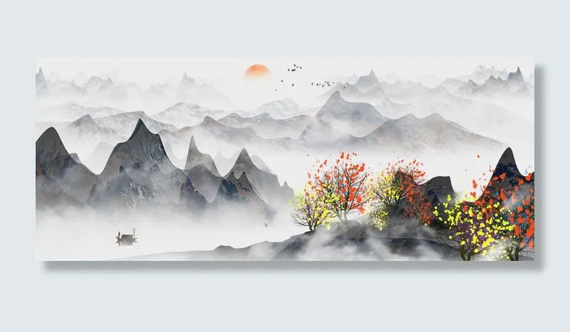 山川日出水彩风绘画PSD素材