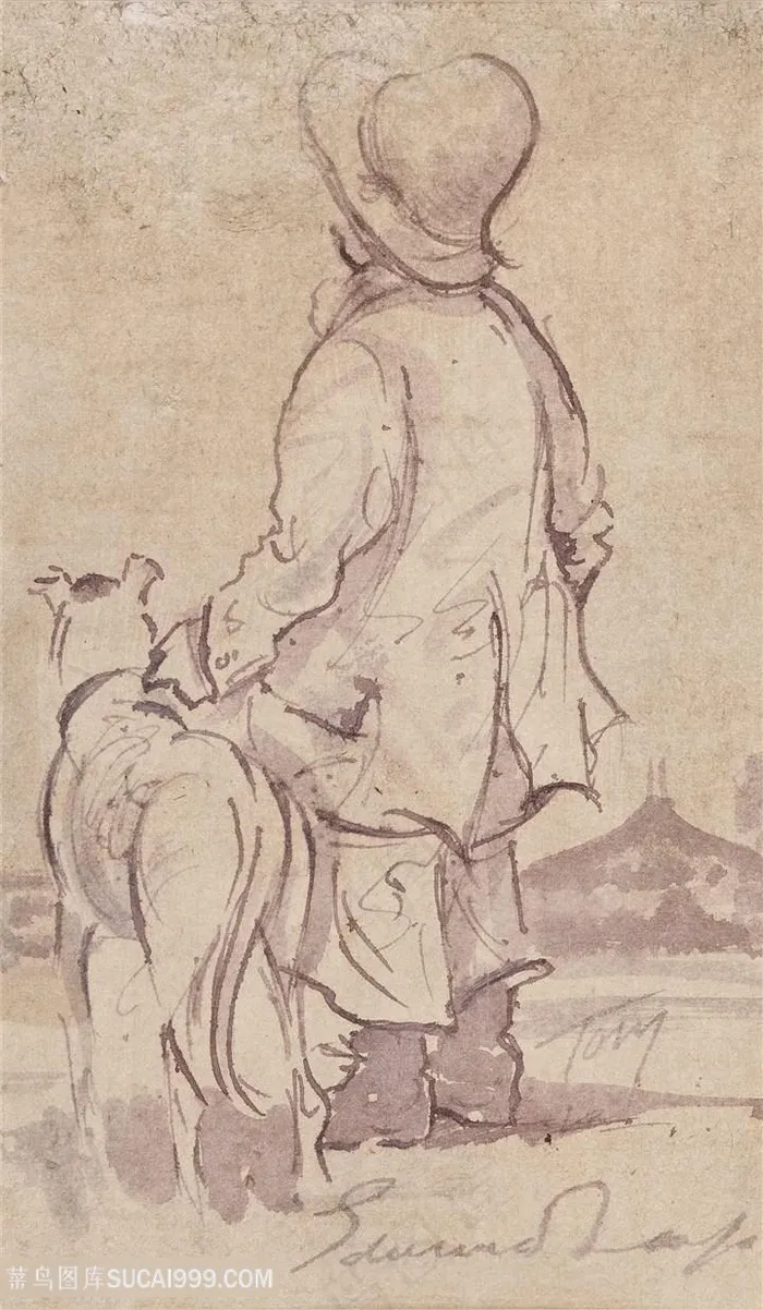 锡戈手绘男孩与狗装饰画