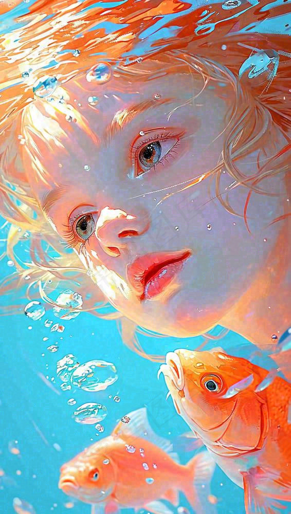 海底世界金鱼鱼类和小女孩人物游泳(816x1440)