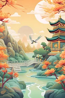 国潮花朵仙鹤云间背景