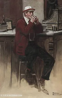 诺曼 · 洛克威尔油画吧台坐着的男顾客