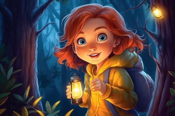 森林探险女孩灯光插画背景