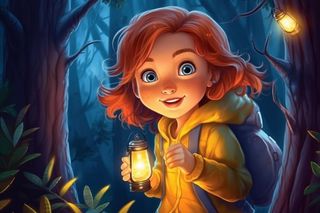 森林探险女孩灯光插画背景