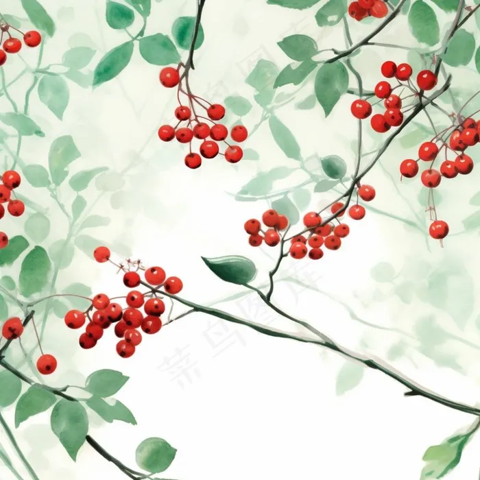 树枝上的红色果实小清新植物水墨画插画素材(1024x1024)