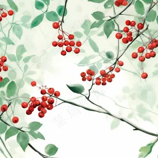 树枝上的红色果实小清新植物水墨画插画素材