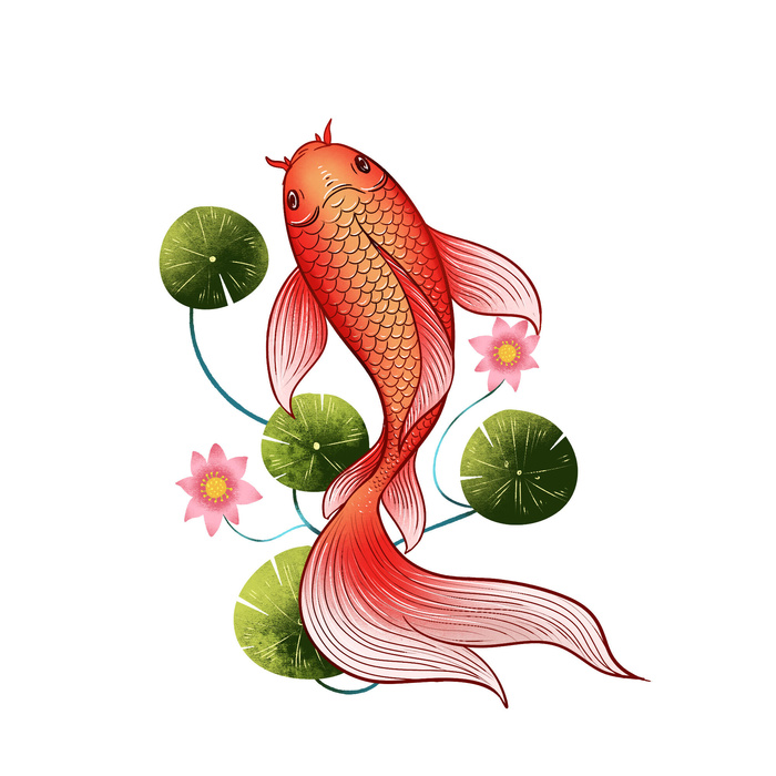 手绘国潮古风喜庆铜钱锦鲤鱼金鱼荷花插画场景装饰PSD设计素