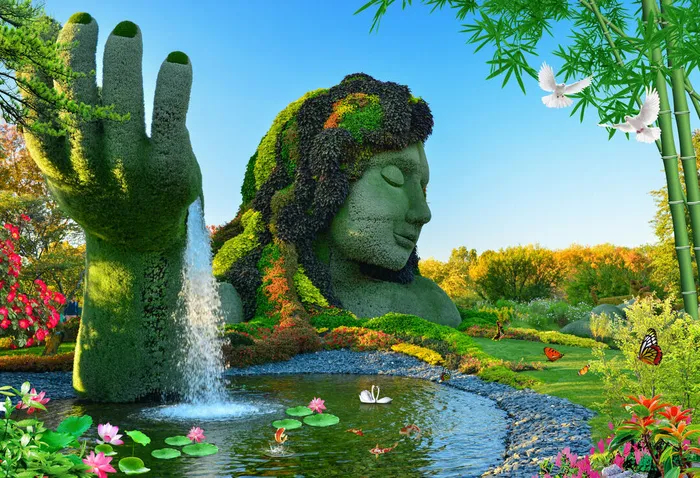 流水生财花卉高山背景风景psd模版下载