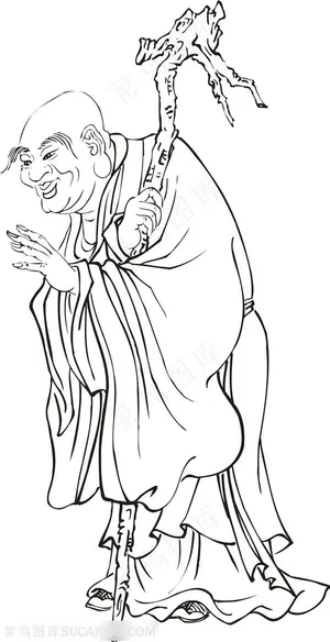 老人拿拐杖手绘线描108罗汉矢量PNG图片