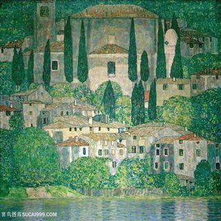 克里姆特油画唯美湖畔建筑美景